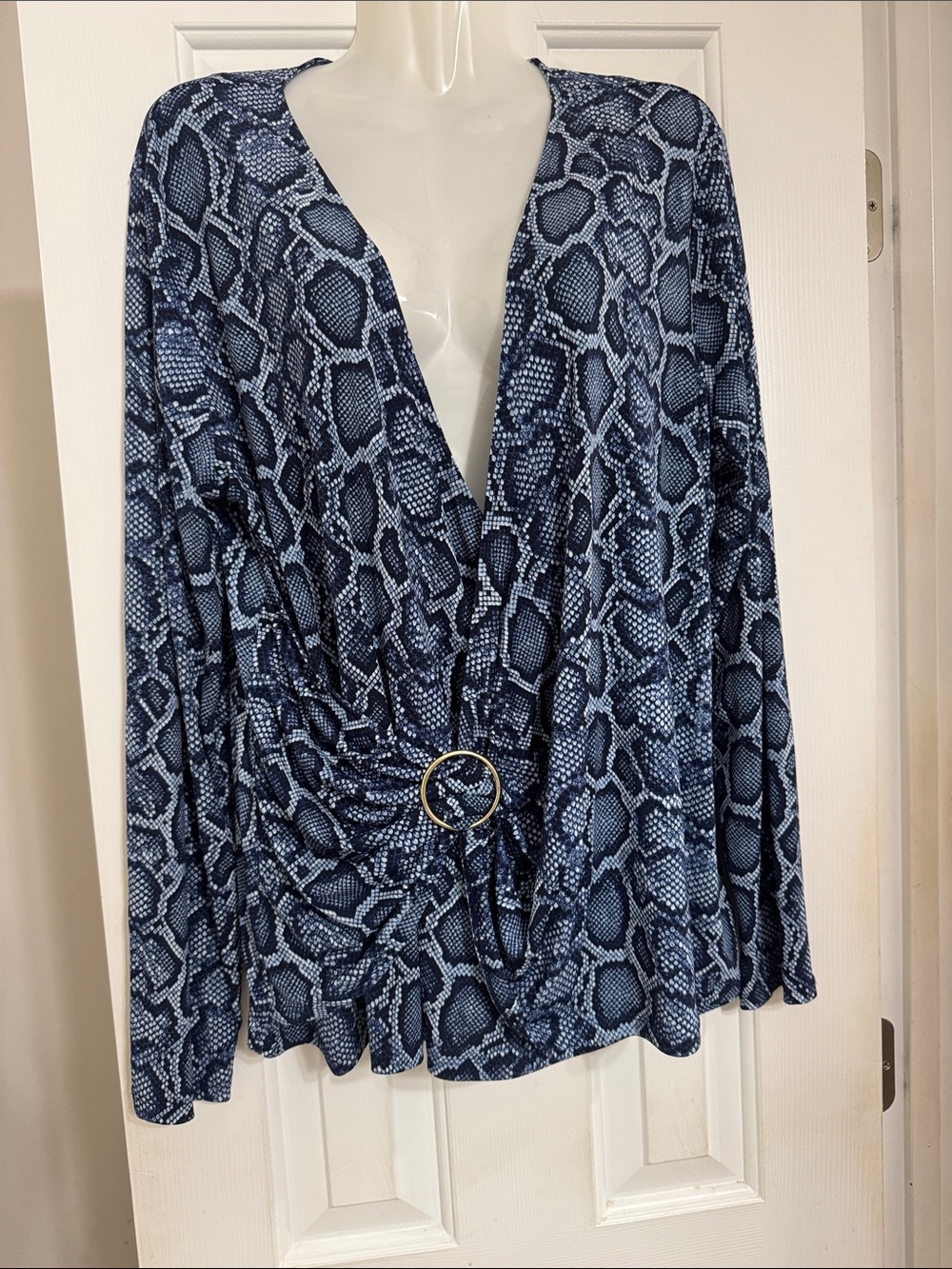 Michael Kors Blue Snake-Print Long Sleeve Wrap Top with Gold Ring